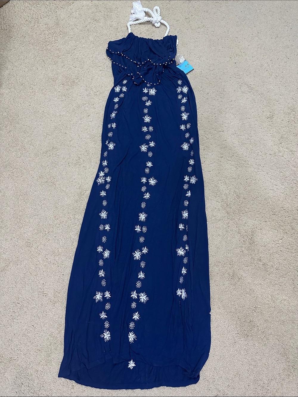 Letarte Handmade Navy Blue Embroidered Maxi Dress with Rope Halter NEW - Picture 3 of 8
